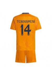 Real Madrid Aurelien Tchouameni #14 Jalkapallovaatteet Lasten Vieraspeliasu 2024-25 Lyhythihainen (+ Lyhyet housut)